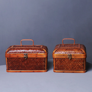 Bamboo Woven Storage Basket Rectangle Handmade Food Container Chinese Style Lid Box - Product Image 2