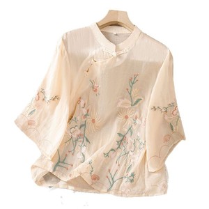 Women's Chinese Style Embroidery Shirt Cotton Linen Stand Collar Three Quarter Sleeve Top Spring Summer Traditional Clothing - Product Image 5