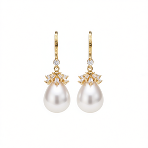 Pendientes de Oro Blanco Biorhe Family con Perla de Imitación y Diamante en Forma de Gota, Engaste de Garra, Joyería Clásica para Mujer para Fiestas - Product Image 1