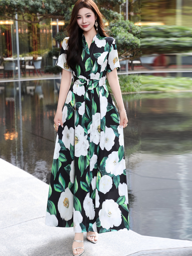 Women's Summer Bohemian Print Maxi Dress with Short Sleeves and Sashes Decoration