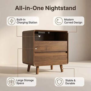 Comodino Laterale per Camera da Letto in Legno di Noce <span class=keywords><strong>con</strong></span> Doppio Cassetto e Porta di Ricarica - Product Image 4