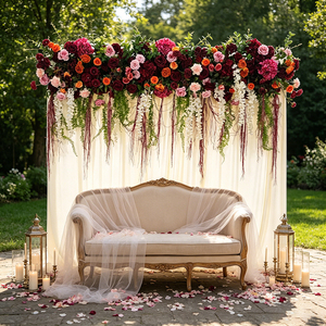 Décor de mariage DKB, arche de fleurs artificielles de 8 pieds de long, couleur rouge bordeaux, avec <span class=keywords><strong>quelques</strong></span> feuilles rouges et plantes suspendues - Product Image 1