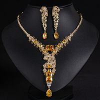 En gros, Ensemble d'accessoires collier et boucles d'oreilles en laiton plaqué or, style vintage, pour mariage et fête, avec breloque léopard et micro-incrustation de zircon, design audacieux