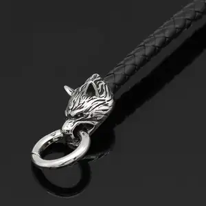 Collier en cuir Viking nordique vintage pour hommes, huile de tête de loup, amulette longue, bijoux religieux, HJY003