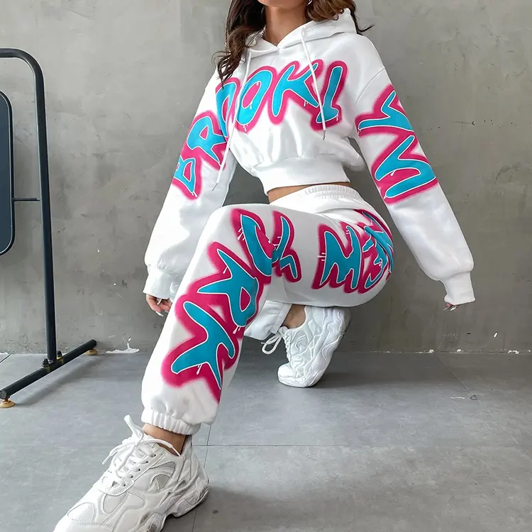 Hoodie Jogging Hot Selling Gym Pants Set Customize Streetwear Fall Clothes Letter Print Women Crop Top Tracksuit 2 Piece Set