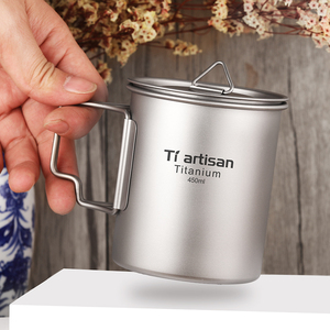 Tazas de Camping, Taza de Agua, Taza de Café de Titanio de 450 ml, Olla de Titanio con Asa Plegable y Tapa, Accesorios de Camping - Product Image 3