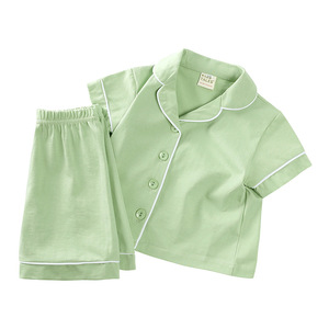 Ensemble décontracté de style danois pour garçons et filles Pyjama d'été en coton doux Motif solide Tissu peigné - Product Image 5