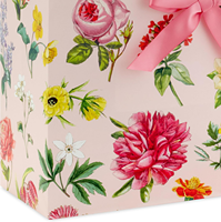 Sac en papier floral botanique français de luxe avec poignée en ruban rose pour emballages de cosmétiques, de parfums et de cadeaux de demoiselles d'honneur