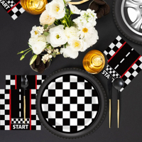 Huancai Racing Party Supplies Drapeau À Carreaux Assiettes En Papier Tasses Serviettes Vaisselle Jetable Ensemble pour Décorations De Fête D'anniversaire