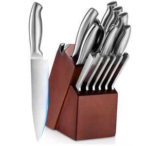 Ensemble de 14 couteaux de chef en acier forgé creux, manche en acier plein, tranchants, antirouille, ensemble de couteaux de cuisine en acier inoxydable avec bloc en bois - Product Image 1