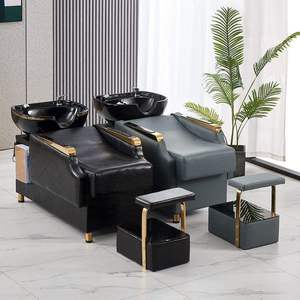 Fauteuil de lavage moderne pour salon de coiffure, unité de lavage à dossier inclinable, station de lavage des cheveux rembourrée avec structure métallique pour studio de beauté - Product Image 5