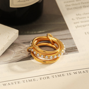yunnique Geometric <b>Ring</b> 18k Gold Plated <b>Titanium</b> Steel With Pearl Inlay Stackable Unisex Fashion Jewelry Gift - Product Image 3