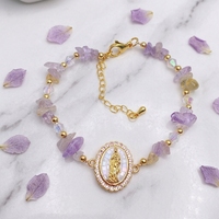 Bracelet Vierge Marie en éclats d'améthyste naturelle, plaqué or 18 carats sacré, résistant au ternissement, haute brillance, cadeau Fête des Mères