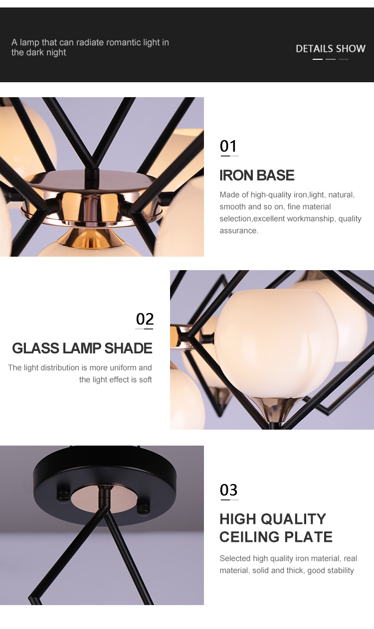 High Brightness Living Room Bedroom Glass Iron Modern E27 Chandelier Light