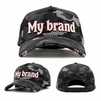 Casquette de baseball 5 panneaux en coton premium avec logo brodé personnalisé, appliqué camouflage, effet vieilli et déchiré, motif lettre courante