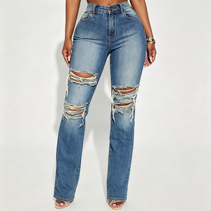 Jeans Skinny Strappati a Vita Alta in Denim Elasticizzato Taglie Forti da Donna e Ragazza con Buchi - Vendita all'Ingrosso - Product Image 1