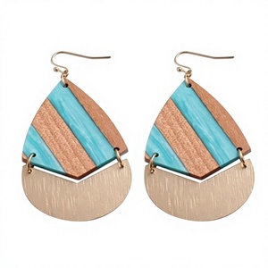 Boucles d'oreilles créoles en résine et bois pour femme, style bohème, plaqué or, forme goutte d'eau avec rayures turquoise, bijoux de mode pour femme - Product Image 1