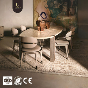 Chaises de salle à manger en cuir <span class=keywords><strong>microfibre</strong></span> <span class=keywords><strong>beige</strong></span> léger de luxe avec dossier ovale et accoudoirs incurvés en métal et pieds coniques <span class=keywords><strong>Chaise</strong></span> de salle à manger - Product Image 2