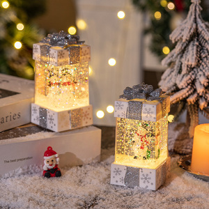 LINGKAI Xmas Gift <b>Box</b> Shape LED Swirling Glitter Water Light Glowing Santa Claus Snowman Lantern Tabletop <b>Christmas</b> Ornament - Product Image 4