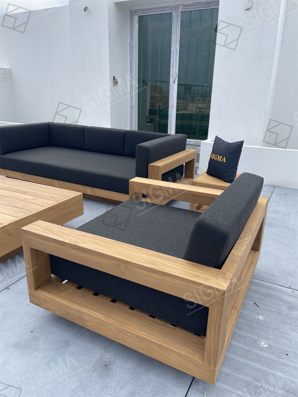 Custom All Weather Luxury Factory Patio Furniture Pool Garden Wood Outdoor All Weather Fabric Teak Wooden Sofa