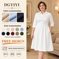 Gaun Kerja Wanita Model Fit Flare Kerah Kemeja Lengan 3/4 Sepanjang Lutut Bahan Katun Twill Opaque Plus Size 240GSM, Cocok untuk Kerja, Logo Custom OEM