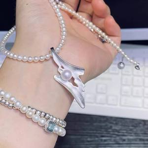 Accessoires en perles DIY, pendentif en argent S925, support vide avec perles rondes de 6 à 8 mm en forme de croix, collier tendance - Product Image 1