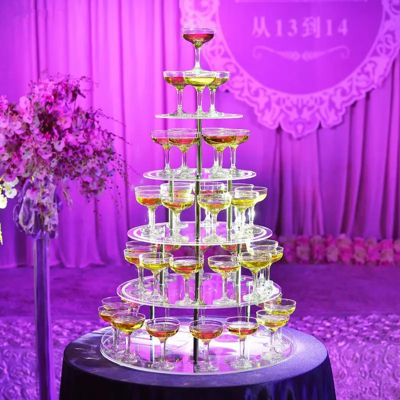 उद्घाटन समारोह होटल व्यवस्था शादी के लिए पांच-परत वाले राउंड चमकदार वाइन शैंपेन टॉवर