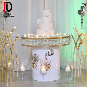 Modern <strong>Gold</strong> Stainless Steel Mirrored Glass Round Crystal Wedding Cake <strong>Table</strong> - Product Image 5