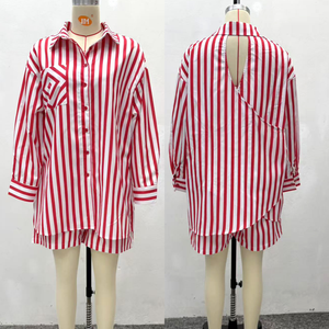 Conjunto Casual Elegante de Dos Piezas para <span class=keywords><strong>Mujer</strong></span> SH7337, Ropa de Calle, Camisa Holgada Estampada a Rayas de Manga Larga y Pantalones Cortos - Product Image 4