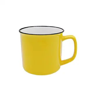 Promotion 12 OZ vintage style sublimation water milk tea ceramic porcelain black rim yellow mug cup with handle