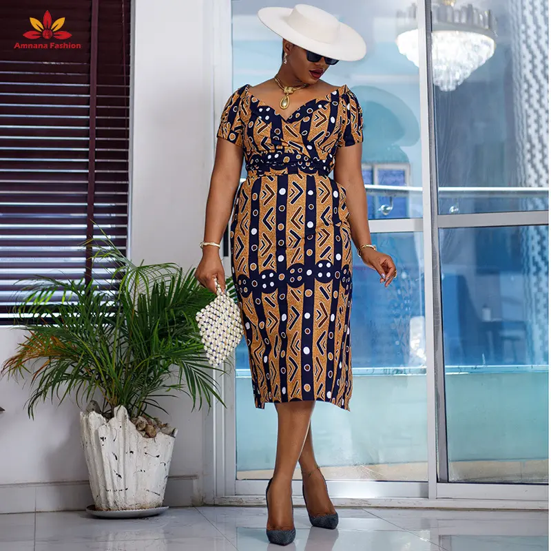 높은 품질 사용자 정의 아프리카 인쇄 왁스 어깨 짧은 소매 V neckline 100% 코튼 드레스 의류