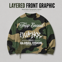Maßgefertigter Herren Camo Distressed Oversized Boxy Sweatshirt mit Grafik-Print, Strass-Verzierung und Ausgefranstem Saum Streetwear Pullover Private Label