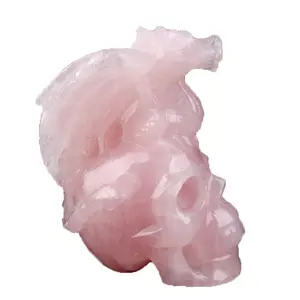 Cabezas de calaveras de piedra de cristal hechas a mano, calaveras de dragón de cuarzo rosa talladas a mano, curación de cristal