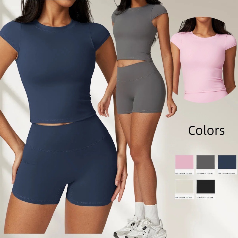 Yoga Crew Neck Quick-drying Short Sleeved Scrunch Butt Sports Fitness T-shirt Tops Casual Running Yoga Clothes