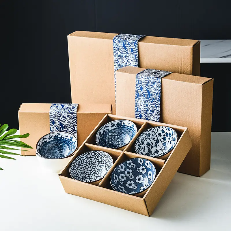 Grosir Set Mangkuk Keramik Peralatan Makan Gaya Jepang Biru dan Putih untuk Hadiah