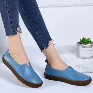 Sapatos femininos de couro legítimo liso, calçado feminino casual plus size