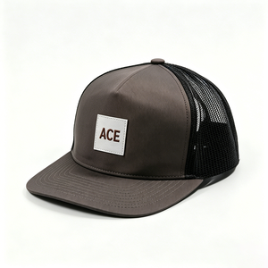 Two Tone Brown Front Fabric Black Mesh Back Character Y2K Trucker <b>Cap</b> Custom Leather Patch Logo Curved Brim 5 Panel Baseball <b>Hat</b> - Product Image 5