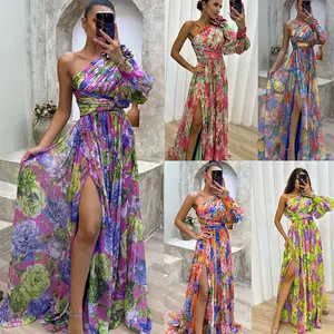 2024 Floral Print Sexy Big Hem Maxi Women's One Shoulder Suspender Long Women Dress