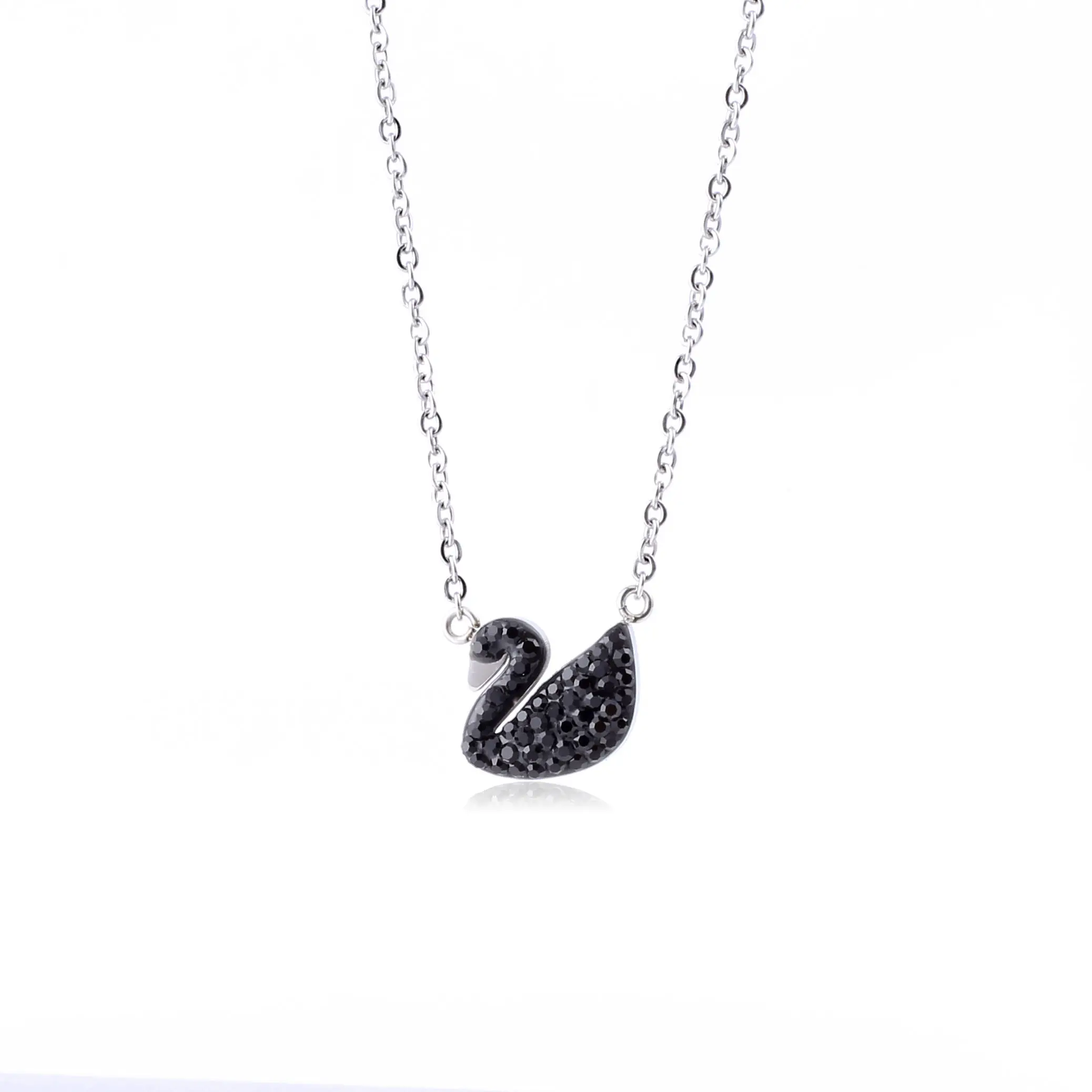 Wholesale Shiny Pendant Cubic Zircon Cartoon Titanium Steel Rose Black Swan Necklace