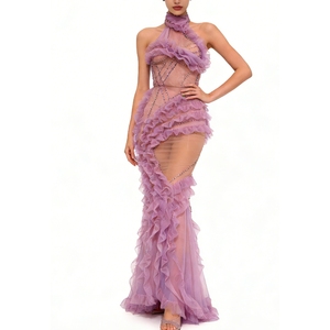 Vestido Largo de Noche para Mujer, Color Lila, con Volantes, Pedrería, Escote Halter, Malla Transparente y Espalda Descubierta, a la Moda - Product Image 2