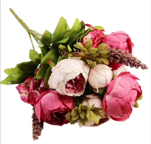 Buquê de flores artificiais para peônia, rosas em seda, flores artificiais, vintage, buquê com 13 cabeças, estilo europeu, buquê de rosas de peônia