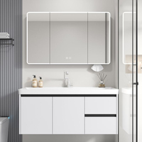 Ensemble de meubles de salle de bain en aluminium, résistant à la rouille et à l'eau, avec vasque en céramique, miroir LED et armoire murale de rangement, pour projets et vente en gros