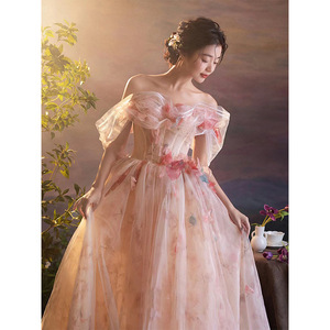 Off The Shoulder Floral Chiffon Ball <b>Gown</b> Dress Empire Waistline For <b>Brides</b> And Formal Events - Product Image 3