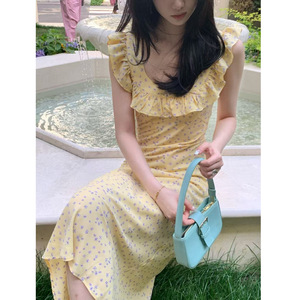 French Style Floral Print Dress Women Summer Ruffled Neckline Yellow Slim Fit Casual Beach Vacation Dress - Product Image 3