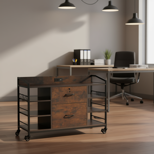 Brown Metal 2-Drawer <b>File</b> Cabinet With <b>Power</b> Strip Industrial Office Furniture Home Office Use - Product Image 2