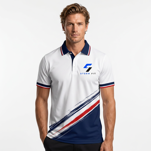 Chemise pour homme à séchage rapide 100% polyester, manches courtes, design sportif, coupe classique, blanc, marine, rouge, bleu, logo imprimé sur le devant - Product Image 1