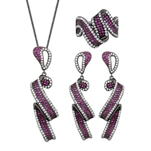 Wholesale Fashion Eco-friendly Copper Black Gold Plated Micro Pave Red Zircon Bow Pendant <b>Earrings</b> Ring Jewellery <b>Set</b> - Product Image 1