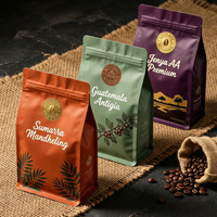 Emballage de café personnalisé imprimé, fond plat, vert, 1 kg, 500 g, 50 g, sac d'emballage de café avec valve