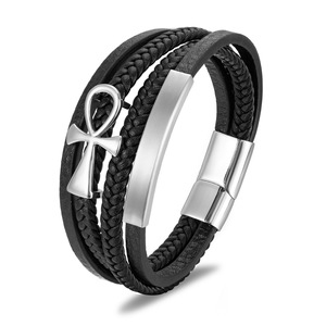3-Layer Braided Black <b>Leather</b> <b>Bracelet</b> With Stainless Steel Magnetic Clasp & Charm | Men's Fashion Jewelry - Product Image 4