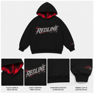 Custom 450GSM Cotton Hoodie Red Plaid Hood Heavyweight French Terry Raglan Sleeve Boxy Fit Washed Black <b>Pullover</b> OEM <b>Men</b> Hoodie - Product Image 3